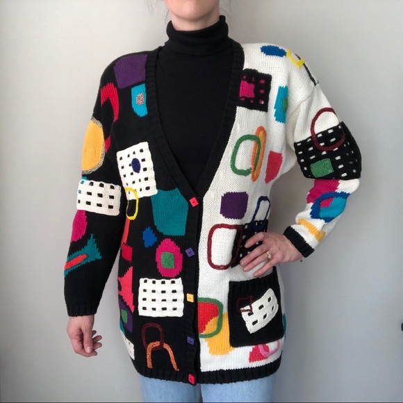 Vintage Sweaters - Vintage Lisa Nichols Geometric Colorful Cardigan